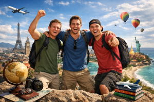 ChatGPT Image Mar 17, 2026, 12_43_51 PM | Abroad101 Blog Three young co-founders with backpacks smiling against a travel-themed international skyline, symbolizing the launch of a global study abroad community.