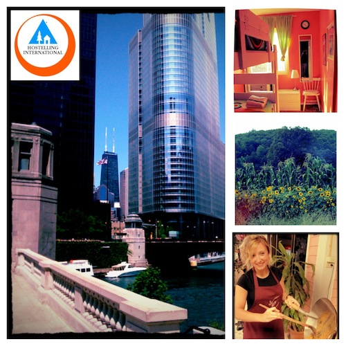 photo (1) | Abroad101 Blog Collage showing a Hostelling International USA logo, a modern cityscape with a riverwalk, a cozy hostel dorm room, a sunflower field, and a smiling staff member preparing food.