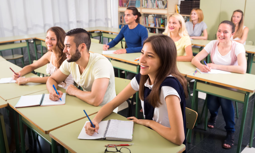 A diverse group of students attentively participating in a language class, sitting at desks with notebooks and pens, eager to learn.