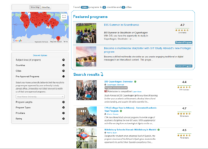 Studyabroad101.com's advanced program search engine. Click here to use it! | Abroad101 Blog An image showing the interface of StudyAbroad101.com's advanced program search engine. The screen displays a world map with program locations marked, a sidebar with filter options such as subject area and country, and a main panel featuring featured programs and user reviews. The design highlights easy navigation and user-friendly features to help students find study abroad programs.