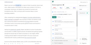 unnamed | Abroad101 Blog Screenshot of a document editing interface, showing a Grammarly sidebar on the right with grammar and clarity suggestions. The document describes a character named Rajesh, who grew up in an Indian household, pursued a business administration degree, and explored entrepreneurship. The Grammarly sidebar highlights suggestions for word choice, clarity, and phrasing improvements, with options to accept or dismiss changes.