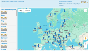 Abroad101 | Abroad101 Blog's clickable regional map with programs and review ratings! Abroad101's clickable regional map of Europe displaying study abroad programs with review ratings, showing markers across various countries including Spain, Italy, France, and Germany.
