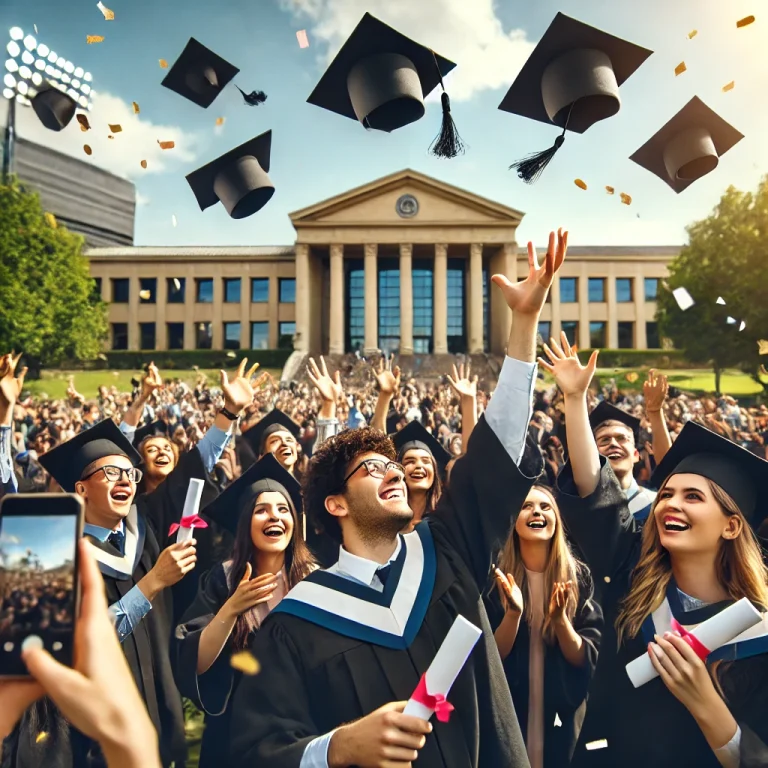 DALL·E 2025-02-19 15.14.33 - A realistic university graduation ceremony with diverse students in authentic caps and gowns, joyfully throwing their graduation caps into the air. Th | Abroad101 Blog