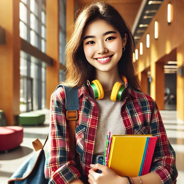 DALL·E 2025-03-05 13.06.43 - A young international student with a cheerful expression, wearing a plaid shirt and carrying a backpack. She holds a bright-colored notebook in her ar | Abroad101 Blog