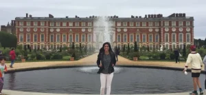 Review_42854_Photo__5972 | Abroad101 Blog Study-abroad student in front of a grand palace fountain in England, exploring local sights during her first semester overseas.