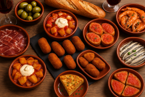 Overhead view of assorted Spanish tapas in small terracotta dishes on a wooden table—patatas bravas with white aioli, rows of crisp croquetas de jamón, jamón ibérico slices, pan con tomate rounds, green olives, pink garlic-sautéed prawns, anchovy fillets in oil and a baguette.