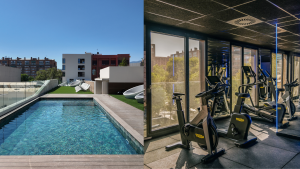 COMMON AREA-11 (1) | Abroad101 Blog Rooftop pool and sun deck beside a glass-walled fitness room with stationary bikes at Blau Student Housing in Barcelona—on-site amenities for residents.