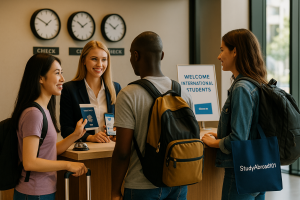 ChatGPT Image Aug 11, 2025, 02_23_59 PM | Abroad101 Blog Diverse hospitality students with backpacks check in at a hotel reception; a small “StudyAbroad101” tote is visible.