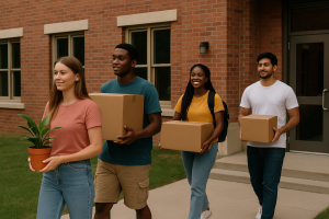ChatGPT Image Aug 11, 2025, 03_34_35 PM | Abroad101 Blog Four students carry boxes and a houseplant into a brick dorm, starting life in a new state.