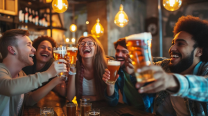junxin 2 | Abroad101 Blog Students toasting with beers in a cozy Edinburgh pub, building social connections.