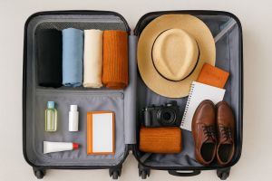 Open suitcase with rolled clothes, packing cubes, toiletries, hat and shoes—organized study abroad packing.