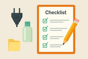 Minimal travel checklist illustration with universal adapter, refillable bottles, and passport documents for study abroad.