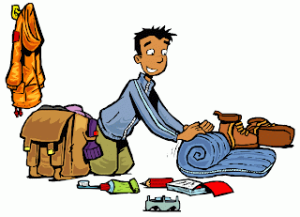 Cartoon of a student rolling clothes into a suitcase with boots, jacket, toiletries, and travel gear—study abroad packing tips illustration.