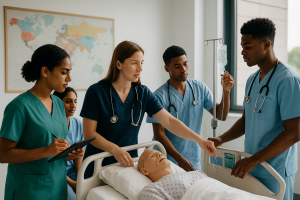 ChatGPT Image Sep 19, 2025, 05_18_56 PM | Abroad101 Blog Nursing students in hospital skills lab abroad—Access to Nursing Diploma pathway, study abroad clinical training.