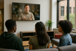 ChatGPT Image Oct 21, 2025, 04_51_36 PM | Abroad101 Blog Three students watch an educational program update on a wall-mounted TV in a sunlit student lounge.