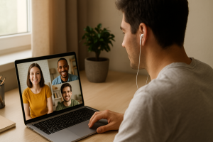 ChatGPT Image Oct 29, 2025, 10_56_53 AM | Abroad101 Blog Young adult studying English online in 2025 during a live video call with international tutors and classmates, practicing speaking, listening, and fluency on a laptop.