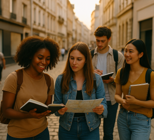 blog | Abroad101 Blog Group of college students on a short-term study abroad program reviewing a city map on a cobblestone street—planning field learning and cultural exploration.