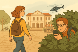 Cartoon of a student with a backpack walking through a university plaza while a parent hides in a bush checking a phone; small helicopter overhead.