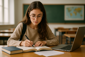 ChatGPT Image Dec 10, 2025, 05_20_00 PM | Abroad101 Blog A young female university student with long brown hair and round glasses sits at a wooden desk in a bright classroom, intently reading an open textbook while taking notes with a pen. A closed book, loose papers, and an open laptop are on the desk in front of her, and a chalkboard and world map are visible in the blurred background. The scene suggests a study-abroad setting where she is developing advanced academic reading and writing skills, not just everyday conversational language.
