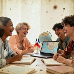 envato-labs-image-edit 1 | Abroad101 Blog Four university students sit around a desk covered with open notebooks, laughing and talking together. In the center of the table, a laptop displays a detailed map of the Americas, and a small globe and miniature national flags stand nearby, hinting at international destinations. Soft light filters into the room, giving the scene a warm, hopeful feeling. The image conveys a diverse group of students planning their study abroad goals, global learning experiences, and New Year’s resolutions as a team.