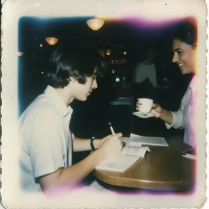 envato-labs-image-edit 2 | Abroad101 Blog A vintage-style instant photograph shows a young student sitting at a small round café table, writing in a notebook with a pen. Across from them, another person smiles warmly while offering a cup of coffee on a saucer. The background is softly blurred with warm hanging lights, creating an intimate, relaxed atmosphere. The scene suggests an informal language exchange or tutoring session, where practicing conversation with a local person turns language learning into a real human connection.