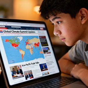 envato-labs-image-edit 3 | Abroad101 Blog A teenage student leans close to a laptop screen displaying an international news website with the headline “Global Climate Summit Updates” over a world map marked with colored regions. Additional headlines and images about Asia-Pacific trade talks and world leaders appear around the map. The student’s focused expression and the warm indoor lighting emphasize the idea of a young person intentionally following global news to better understand world events and become a more informed global citizen.