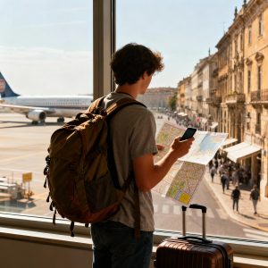 envato-labs-image-edit 4 | Abroad101 Blog A young traveler with a large backpack stands at an airport terminal window, holding an unfolded city map in one hand and a smartphone in the other. A carry-on suitcase is beside him, and outside the glass wall a commercial airplane is parked on the tarmac while a historic European-style street lined with stone buildings stretches away in the distance. The image captures the moment of anticipation before studying or traveling abroad, as the student plans their route from the airport into a new city.