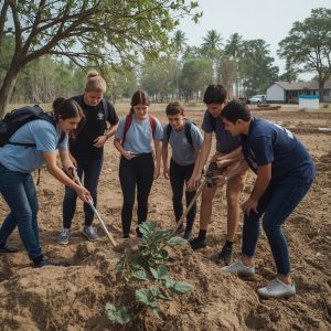 envato-labs-image-edit 5 | Abroad101 Blog A group of six high-school or university-age students stand in a sandy field, gathered around a small green plant they are carefully tending with shovels. They wear casual clothes, backpacks, and matching T-shirts, suggesting they are part of a volunteer or service-learning program. The scene is outdoors under a tree with distant palm trees and simple buildings in the background, conveying the idea of students working together on an environmental or community project while abroad.
