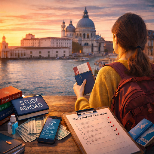 Student traveler in Venice at sunset reviews passport and boarding pass beside a study abroad checklist, guidebook, phone, and travel essentials—planning a short-term study abroad trip.