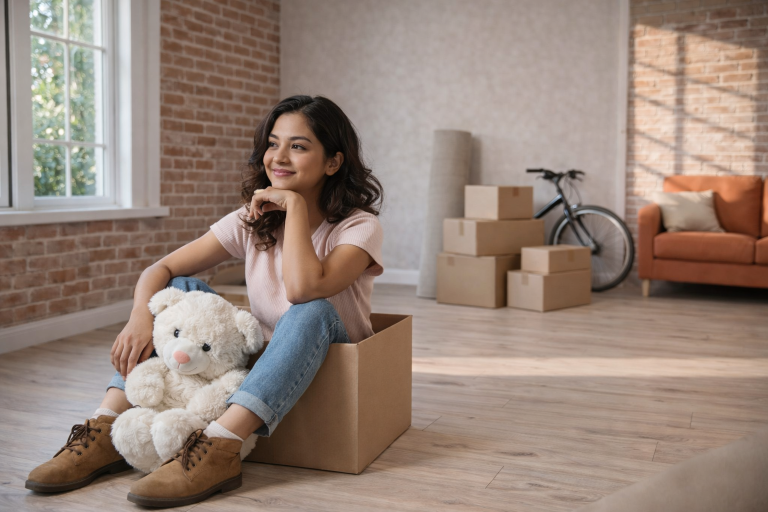 Student sitting in a moving box with a teddy bear in a new apartment, surrounded by packed boxes—budgeting and planning to move belongings before studying abroad.