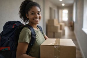 ChatGPT Image Jan 12, 2026, 02_05_57 PM | Abroad101 Blog Student with backpack carrying a taped moving box in a hallway with stacked boxes, preparing and budgeting to move belongings overseas before studying abroad.