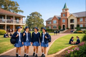 ChatGPT Image Jan 28, 2026, 08_24_56 AM | Abroad101 Blog All-girls boarding school campus in Perth, Western Australia, showing secondary school students walking between academic buildings.