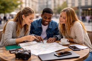 ChatGPT Image Jan 8, 2026, 10_17_32 AM | Abroad101 Blog Three international students sitting at an outdoor café, reviewing a city map and planning travel logistics; study abroad budgeting, transportation planning, and student life preparation scene.