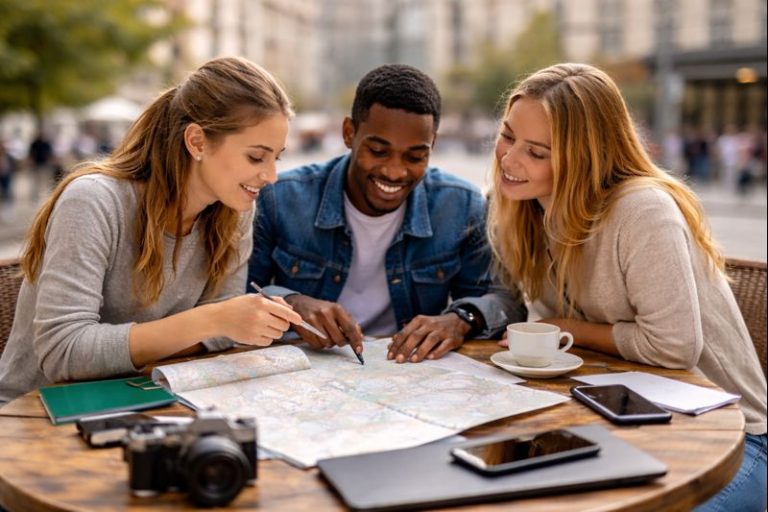 Three international students sitting at an outdoor café, reviewing a city map and planning travel logistics; study abroad budgeting, transportation planning, and student life preparation scene.