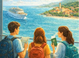 unnamed (6) | Abroad101 Blog Illustration of three students with backpacks looking out over a bright blue coastline toward a seaside town and a cruise ship; one holds a map while another holds a passport and travel documents.