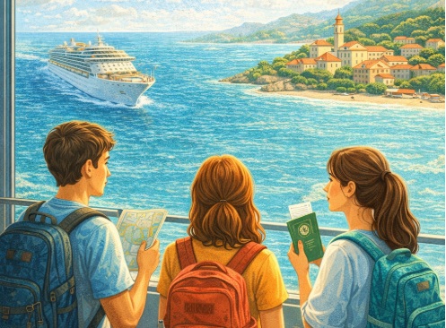 Illustration of three students with backpacks looking out over a bright blue coastline toward a seaside town and a cruise ship; one holds a map while another holds a passport and travel documents.