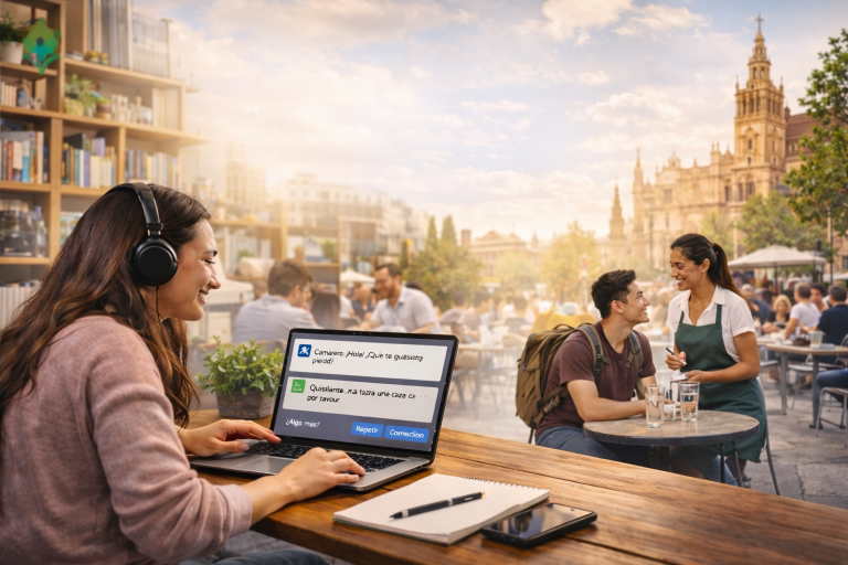 College student using a laptop and headphones to practice Spanish with an AI chatbot, with a café scene in a Spanish-speaking city in the background symbolizing study abroad application.