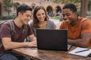 ChatGPT Image Feb 12, 2026, 12_42_37 PM | Abroad101 Blog Three college students sitting at an outdoor campus table, smiling and looking at a laptop as they practice Spanish conversation together before their study abroad semester.