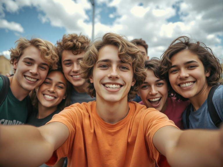 Group of smiling teenagers taking a selfie outdoors during a summer study abroad program, highlighting friendship, cultural immersion, and shared activities.