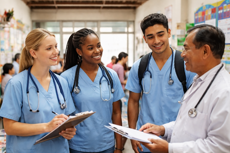 Three student trainees in scrubs speak with a doctor in a busy international clinic, observing patient flow and cross-cultural communication.