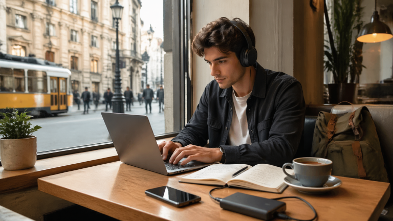 Young man wearing over-ear headphones types on a silver laptop at a window-side cafe, with a notebook, phone, and a cup of coffee nearby.