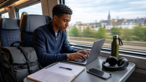 Stay Focused Abroad A Global Students Guide to Productivity 2 | Abroad101 Blog Student works on a laptop during a train ride with a notebook, phone, headphones, water bottle, and backpack nearby.