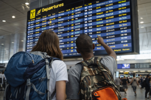 Students at airport checking flight info | Abroad101 Blog Two students with backpacks look up at an airport departure board inside a busy terminal.