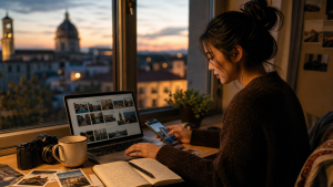 A Guide to Video and Photo Storytelling 1 | Abroad101 Blog Student organizing study abroad photos and travel notes on a laptop and smartphone beside a window at sunset.