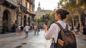 A Guide to Video and Photo Storytelling | Abroad101 Blog Student using a smartphone gimbal to film a lively European city street during a study abroad experience.