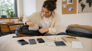 Choosing the Right Accessories for Study Abroad | Abroad101 Blog A student packing a backpack in a bright dorm-style room, with study abroad essentials arranged on the bed, including a smartphone, protective phone case, portable charger, charging cable, wall adapter, earbuds, passport, notebook, pen, and checklist. The image shows practical preparation for a study abroad journey, focusing on tech accessories, organization, and smart packing before traveling overseas.