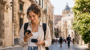 Choosing the Right Accessories for Study Abroad | Abroad101 Blog A student with a backpack walks through a historic international city while using a smartphone connected to a portable charger. She is wearing earbuds and appears to be navigating, communicating, or checking travel information while exploring the city. The image highlights how phone protection, charging accessories, and reliable tech tools help students stay connected and organized during daily life abroad.