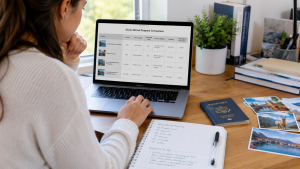 Student comparing study abroad programs, costs, reviews, and destinations before applying.