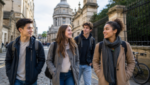 University students exploring a city during a short-term study abroad program.