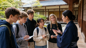 Learning in a Traditional Japanese Garden | Abroad101 Blog AI-generated 16:9 image of high school students taking notes while a local guide explains Japanese culture in a traditional temple setting.